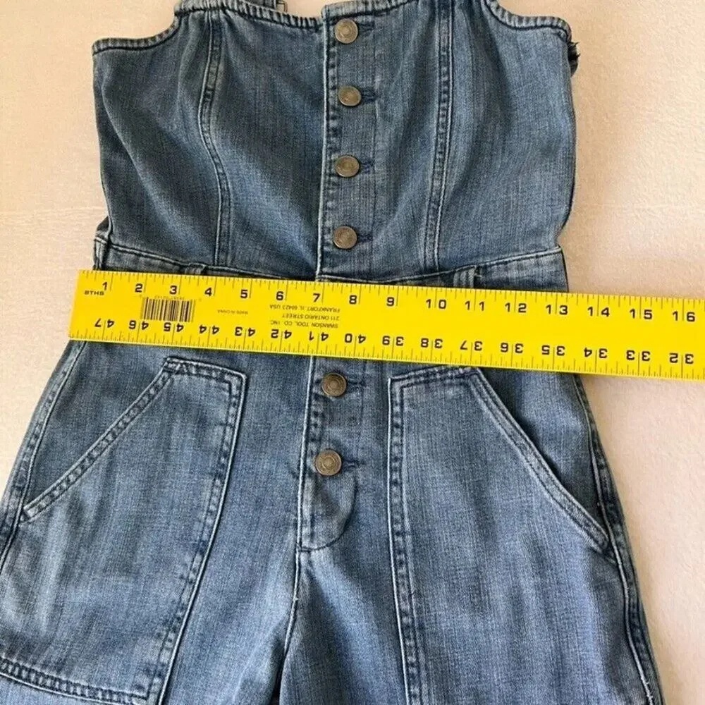Aerie Overalls Womens XS Blue Button Front Kick Flare Denim Apron Bib - Picture 15 of 16